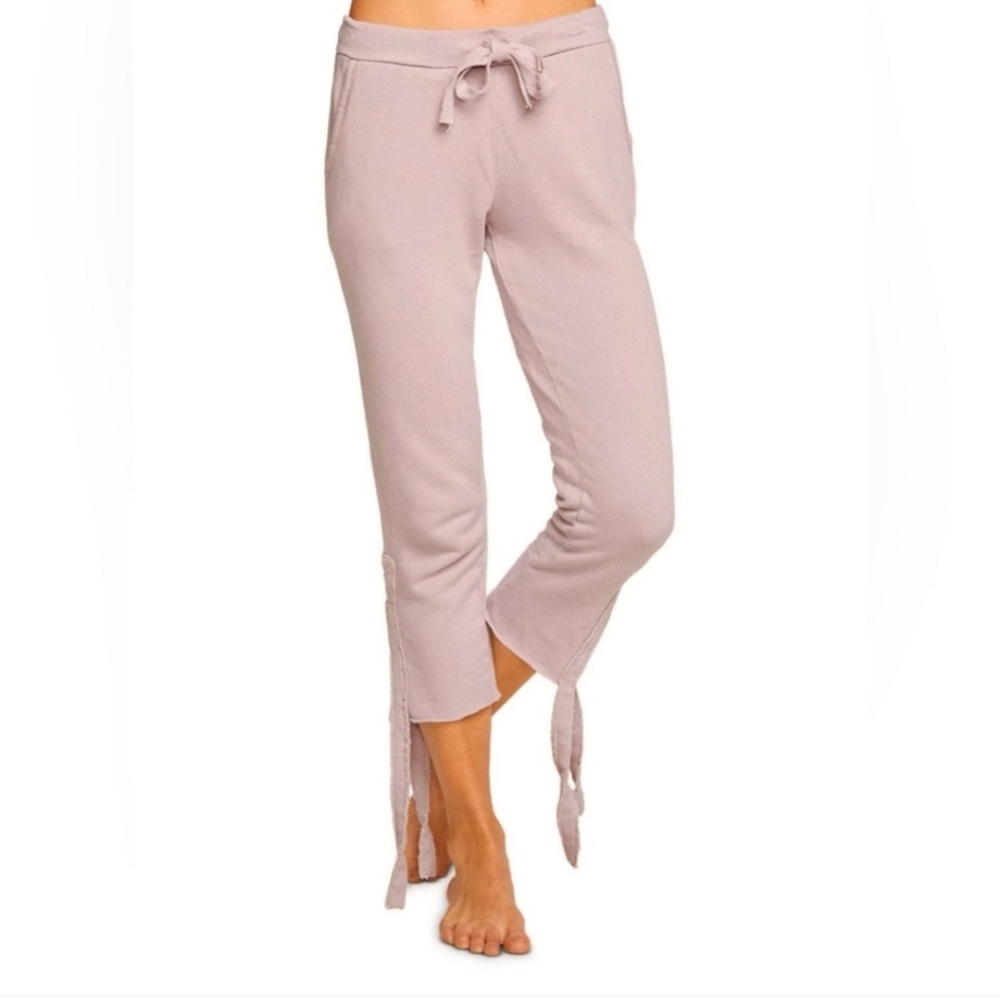 CHASER Pink Linen Blend French Terry Cropped Joggers Tie Detail